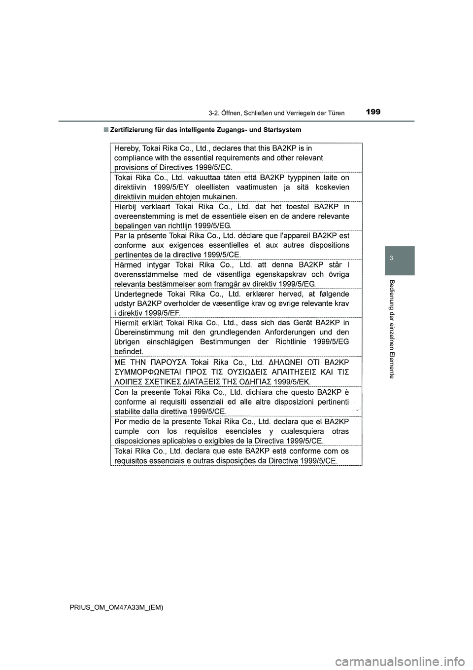TOYOTA PRIUS 2015  Betriebsanleitungen (in German) 1993-2. Öffnen, Schließen und Verriegeln der Türen
3
Bedienung der einzelnen Elemente
PRIUS_OM_OM47A33M_(EM)■
Zertifizierung für das intelligente Zugangs- und Startsystem 