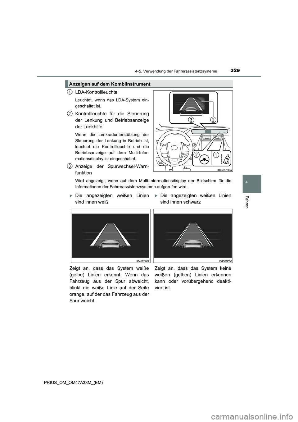 TOYOTA PRIUS 2015  Betriebsanleitungen (in German) 3294-5. Verwendung der Fahrerassistenzsysteme
4
Fahren
PRIUS_OM_OM47A33M_(EM)
LDA-Kontrollleuchte
Leuchtet, wenn das LDA-System ein-
geschaltet ist.
Kontrollleuchte für die Steuerung
der Lenkung und 