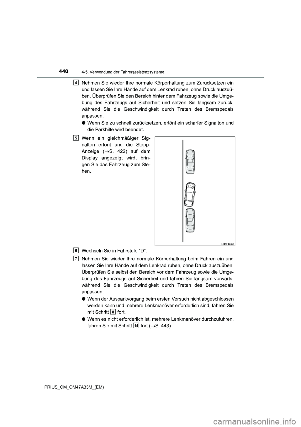 TOYOTA PRIUS 2015  Betriebsanleitungen (in German) 4404-5. Verwendung der Fahrerassistenzsysteme
PRIUS_OM_OM47A33M_(EM)
Nehmen Sie wieder Ihre normale Körperhaltung zum Zurücksetzen ein
und lassen Sie Ihre Hände auf dem Lenkrad ruhen, ohne Druck au