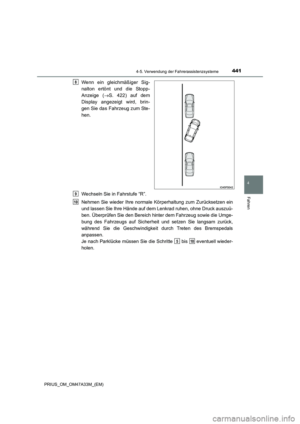 TOYOTA PRIUS 2015  Betriebsanleitungen (in German) 4414-5. Verwendung der Fahrerassistenzsysteme
4
Fahren
PRIUS_OM_OM47A33M_(EM)
Wenn ein gleichmäßiger Sig-
nalton ertönt und die Stopp-
Anzeige (→S. 422) auf dem
Display angezeigt wird, brin-
gen 