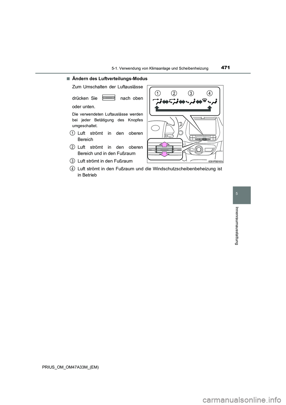 TOYOTA PRIUS 2015  Betriebsanleitungen (in German) 4715-1. Verwendung von Klimaanlage und Scheibenheizung
PRIUS_OM_OM47A33M_(EM)
5
Innenraumausstattung
■Ändern des Luftverteilungs-Modus
Zum Umschalten der Luftauslässe
drücken Sie   nach oben
oder