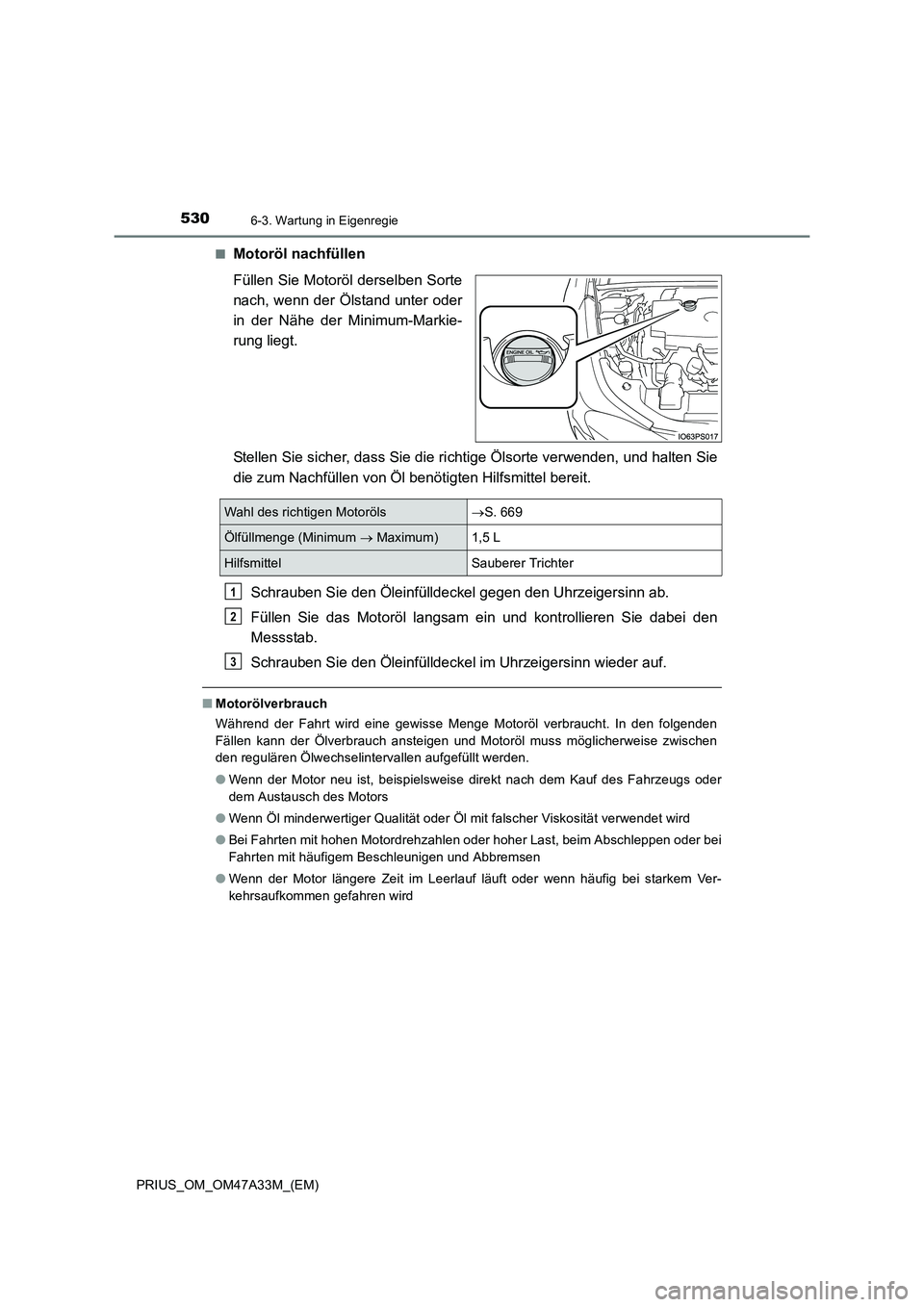 TOYOTA PRIUS 2015 Betriebsanleitungen (in German) 5306-3. Wartung in Eigenregie
PRIUS_OM_OM47A33M_(EM)■
Motoröl nachfüllen
Füllen Sie Motoröl derselben Sorte
nach, wenn der Ölstand unter oder
in der Nähe der Minimum-Markie-
rung liegt.
Stelle TOYOTA PRIUS 2015 Betriebsanleitungen (in German) 5306-3. Wartung in Eigenregie
PRIUS_OM_OM47A33M_(EM)■
Motoröl nachfüllen
Füllen Sie Motoröl derselben Sorte
nach, wenn der Ölstand unter oder
in der Nähe der Minimum-Markie-
rung liegt.
Stelle