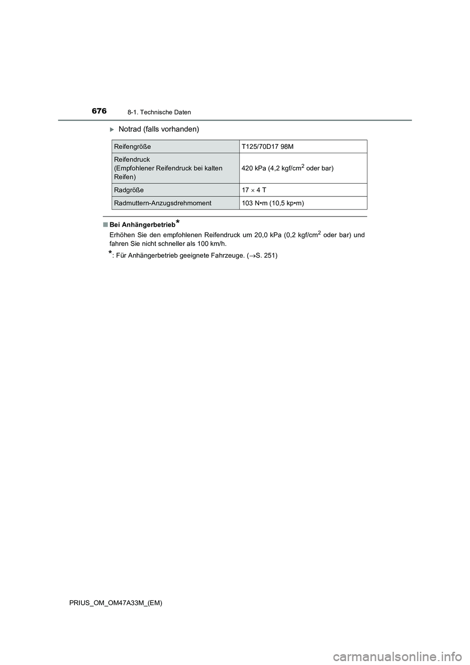 TOYOTA PRIUS 2015  Betriebsanleitungen (in German) 6768-1. Technische Daten
PRIUS_OM_OM47A33M_(EM)
�XNotrad (falls vorhanden)
■Bei Anhängerbetrieb*
Erhöhen Sie den empfohlenen Reifendruck um 20,0 kPa (0,2 kgf/cm2 oder bar) und
fahren Sie nicht sch