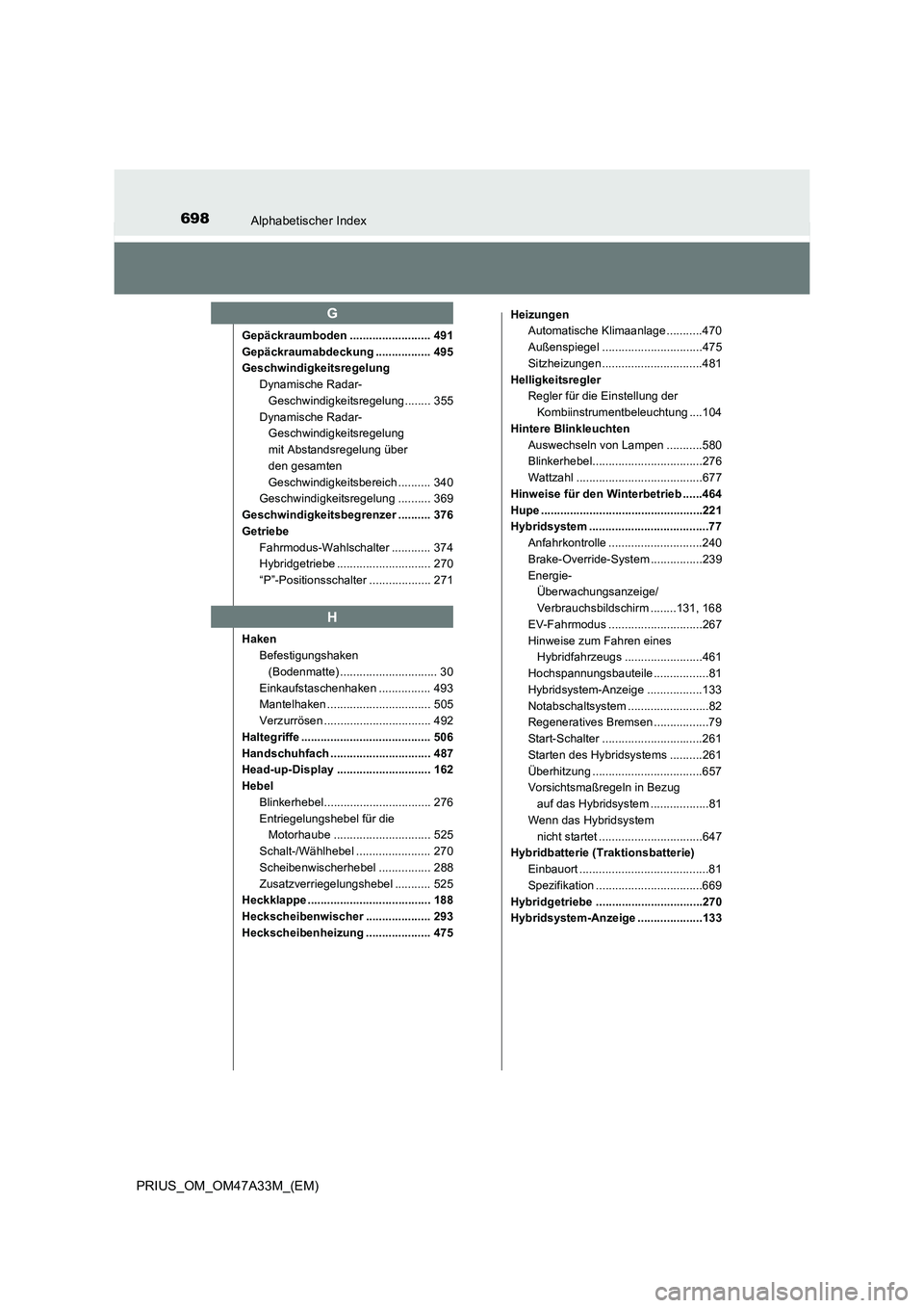 TOYOTA PRIUS 2015 Betriebsanleitungen (in German) 698Alphabetischer Index
PRIUS_OM_OM47A33M_(EM)
Gepäckraumboden ......................... 491
Gepäckraumabdeckung ................. 495
GeschwindigkeitsregelungDynamische Radar- Geschwindigkeitsregel TOYOTA PRIUS 2015 Betriebsanleitungen (in German) 698Alphabetischer Index
PRIUS_OM_OM47A33M_(EM)
Gepäckraumboden ......................... 491
Gepäckraumabdeckung ................. 495
GeschwindigkeitsregelungDynamische Radar- Geschwindigkeitsregel