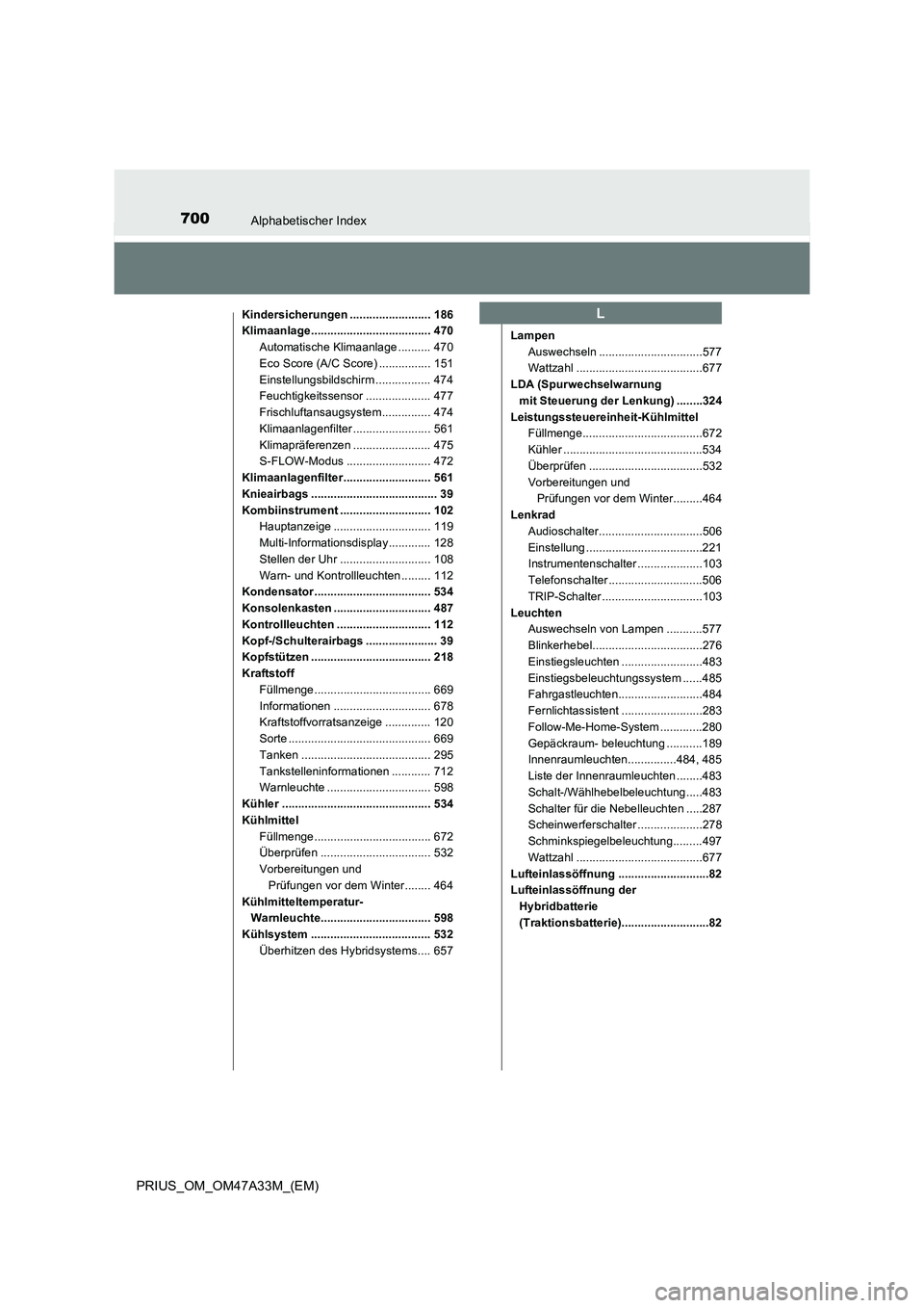 TOYOTA PRIUS 2015 Betriebsanleitungen (in German) 700Alphabetischer Index
PRIUS_OM_OM47A33M_(EM)
Kindersicherungen ......................... 186
Klimaanlage..................................... 470Automatische Klimaanlage .......... 470
Eco Score (A/ TOYOTA PRIUS 2015 Betriebsanleitungen (in German) 700Alphabetischer Index
PRIUS_OM_OM47A33M_(EM)
Kindersicherungen ......................... 186
Klimaanlage..................................... 470Automatische Klimaanlage .......... 470
Eco Score (A/