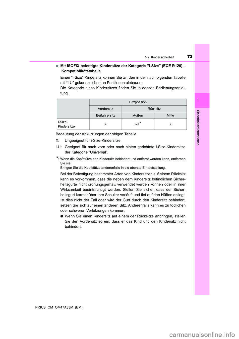 TOYOTA PRIUS 2015 Betriebsanleitungen (in German) 731-2. Kindersicherheit
1
PRIUS_OM_OM47A33M_(EM)
Sicherheitsinformationen
■Mit ISOFIX befestigte Kindersitze der Kategorie “i-Size” (ECE R129) –
Kompatibilitätstabelle
Einen “i-Size”-Kind TOYOTA PRIUS 2015 Betriebsanleitungen (in German) 731-2. Kindersicherheit
1
PRIUS_OM_OM47A33M_(EM)
Sicherheitsinformationen
■Mit ISOFIX befestigte Kindersitze der Kategorie “i-Size” (ECE R129) –
Kompatibilitätstabelle
Einen “i-Size”-Kind