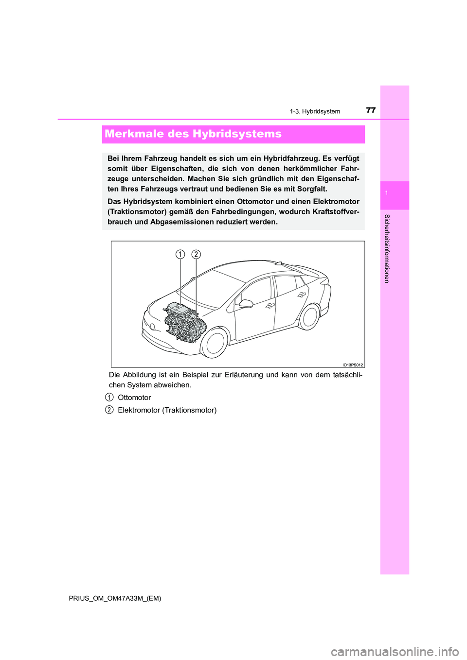 TOYOTA PRIUS 2015  Betriebsanleitungen (in German) 77
1
1-3. Hybridsystem
PRIUS_OM_OM47A33M_(EM)
Sicherheitsinformationen
Merkmale des Hybridsystems
Die Abbildung ist ein Beispiel zur Erläuterung und kann von dem tatsächli-
chen System abweichen.
Ot