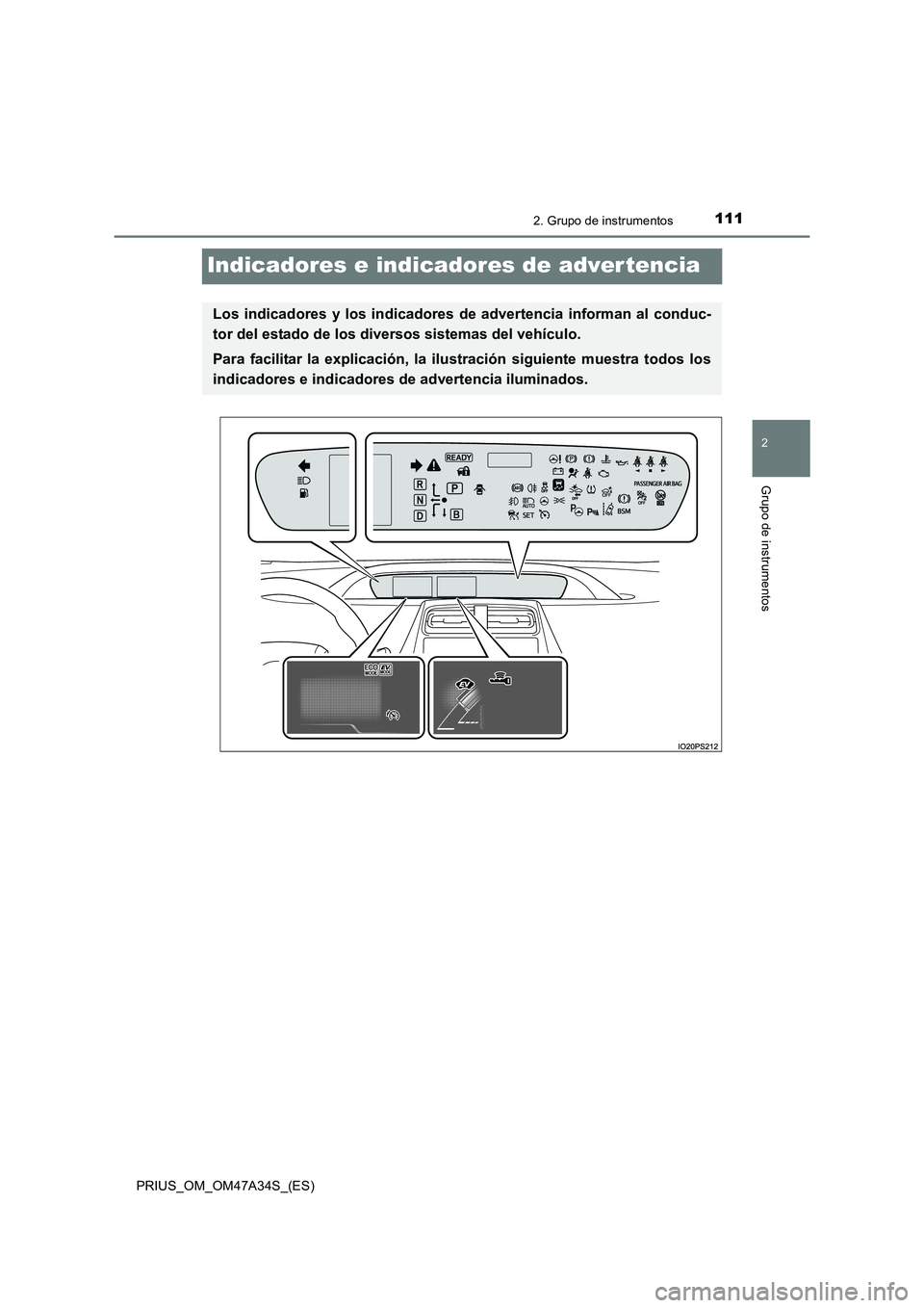 TOYOTA PRIUS 2015  Manual del propietario (in Spanish) 111
2
2. Grupo de instrumentos
Grupo de instrumentos
PRIUS_OM_OM47A34S_(ES)
Indicadores e indicadores de adver tencia
Los indicadores y los indicadores de advertencia informan al conduc-
tor del estad