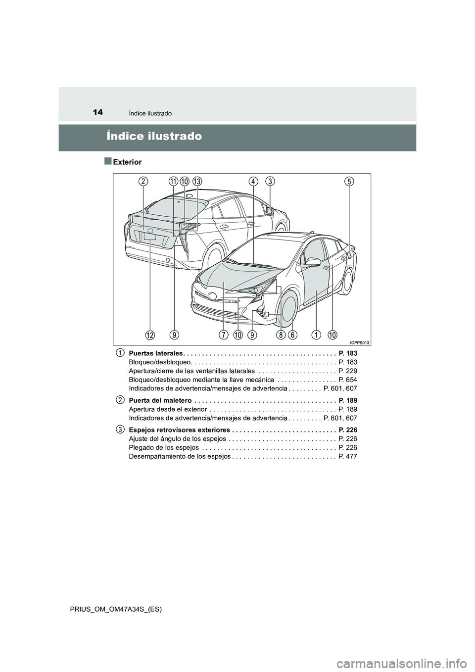 TOYOTA PRIUS 2015 Manual del propietario (in Spanish) 14Índice ilustrado
PRIUS_OM_OM47A34S_(ES)
Índice ilustrado
■Exterior
Puertas laterales. . . . . . . . . . . . . . . . . . . . . . . . . . . . . . . . . . . . . . . . . P. 183
Bloqueo/desbloqueo. TOYOTA PRIUS 2015 Manual del propietario (in Spanish) 14Índice ilustrado
PRIUS_OM_OM47A34S_(ES)
Índice ilustrado
■Exterior
Puertas laterales. . . . . . . . . . . . . . . . . . . . . . . . . . . . . . . . . . . . . . . . . P. 183
Bloqueo/desbloqueo.