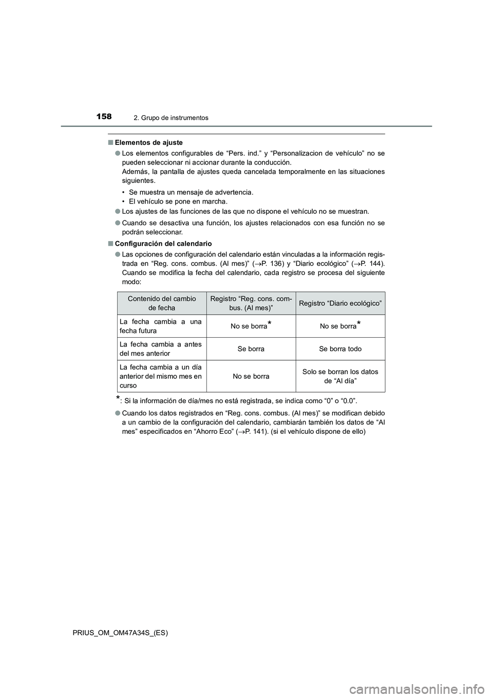 TOYOTA PRIUS 2015  Manual del propietario (in Spanish) 1582. Grupo de instrumentos
PRIUS_OM_OM47A34S_(ES)
■Elementos de ajuste
●Los elementos configurables de “Pers. ind.” y “Personalizacion de vehículo” no se
pueden seleccionar ni accionar d
