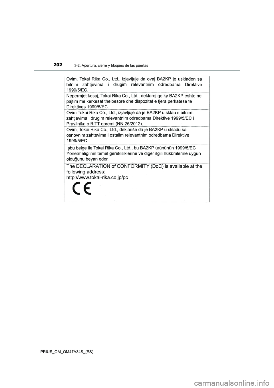 TOYOTA PRIUS 2015  Manual del propietario (in Spanish) 2023-2. Apertura, cierre y bloqueo de las puertas
PRIUS_OM_OM47A34S_(ES) 