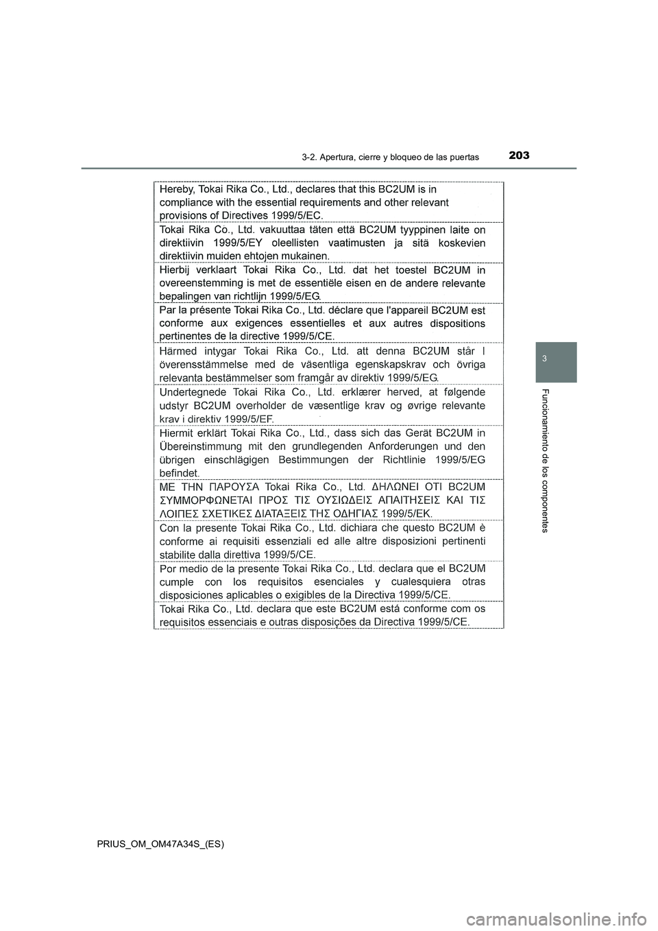 TOYOTA PRIUS 2015  Manual del propietario (in Spanish) 2033-2. Apertura, cierre y bloqueo de las puertas
3
Funcionamiento de los componentes
PRIUS_OM_OM47A34S_(ES) 