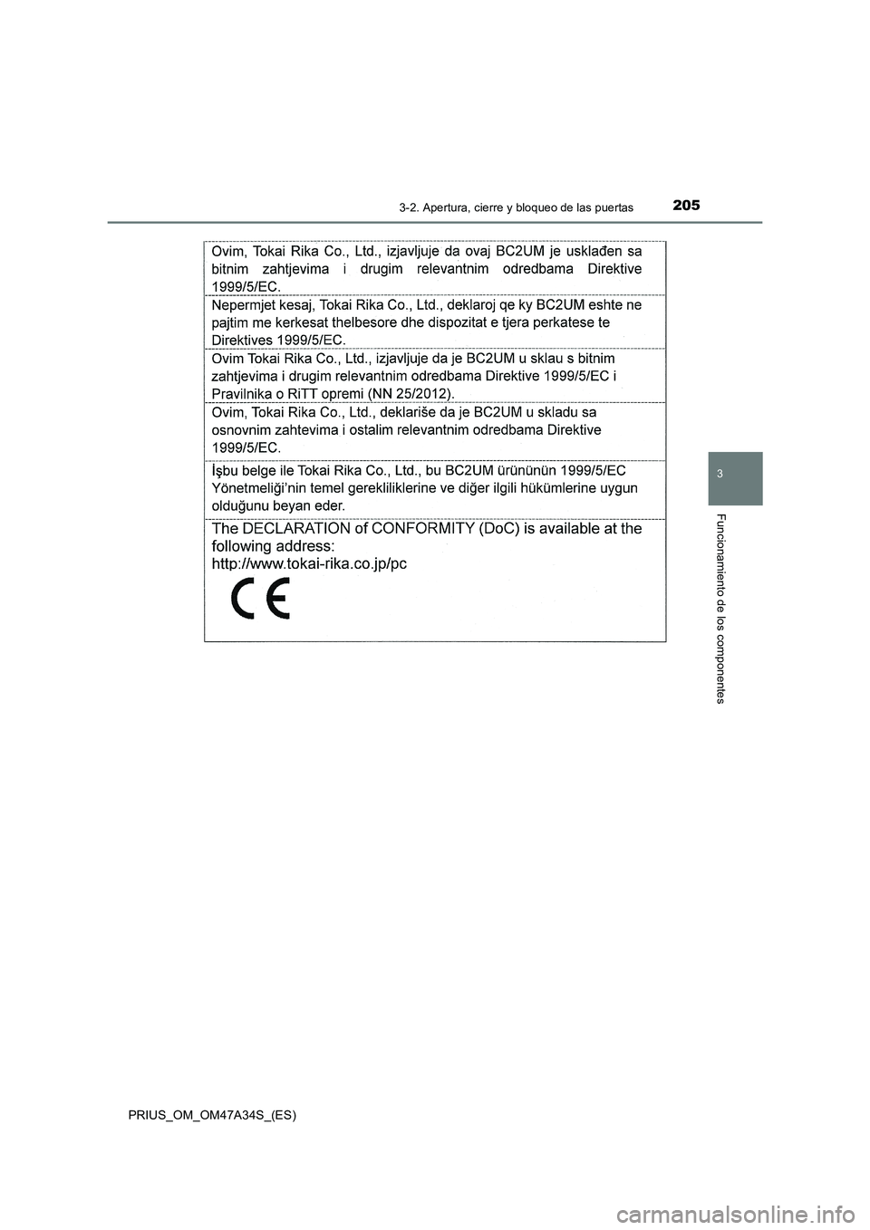 TOYOTA PRIUS 2015  Manual del propietario (in Spanish) 2053-2. Apertura, cierre y bloqueo de las puertas
3
Funcionamiento de los componentes
PRIUS_OM_OM47A34S_(ES) 