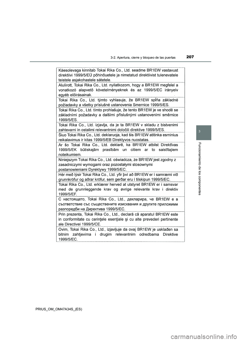 TOYOTA PRIUS 2015  Manual del propietario (in Spanish) 2073-2. Apertura, cierre y bloqueo de las puertas
3
Funcionamiento de los componentes
PRIUS_OM_OM47A34S_(ES) 