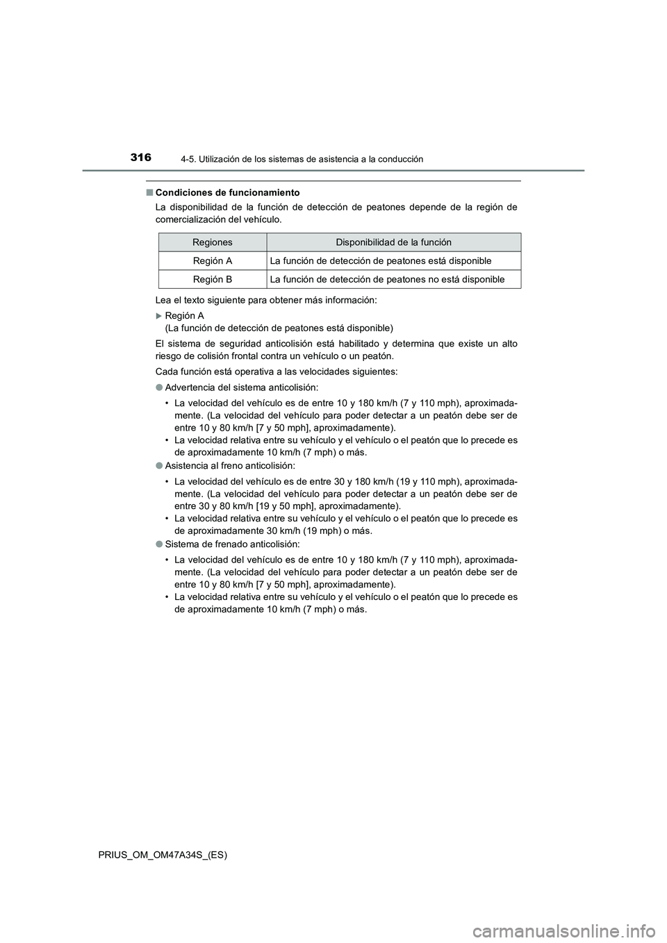 TOYOTA PRIUS 2015  Manual del propietario (in Spanish) 3164-5. Utilización de los sistemas de asistencia a la conducción
PRIUS_OM_OM47A34S_(ES)
■Condiciones de funcionamiento
La disponibilidad de la función de detección de peatones depende de la reg