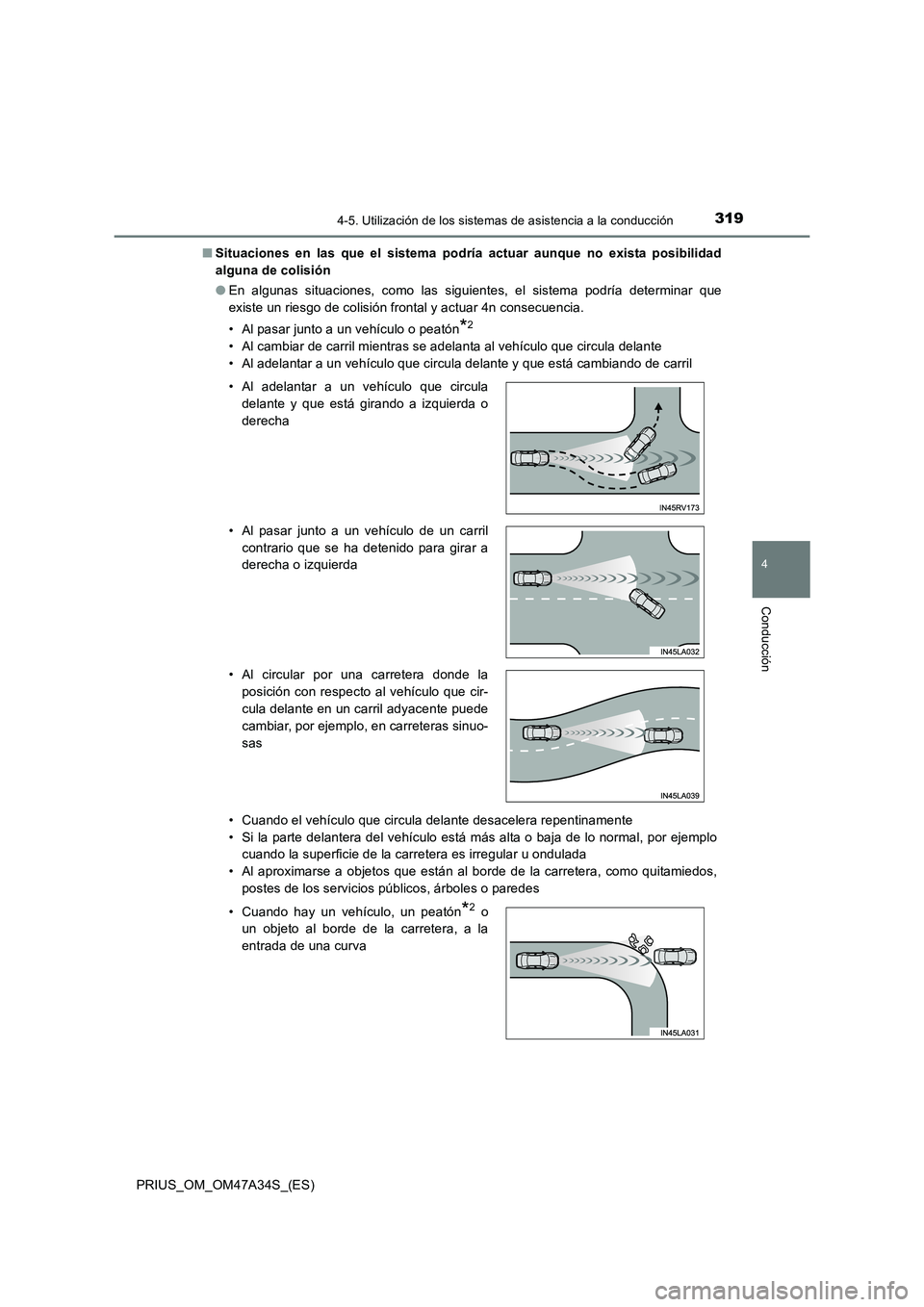 TOYOTA PRIUS 2015  Manual del propietario (in Spanish) 3194-5. Utilización de los sistemas de asistencia a la conducción
4
Conducción
PRIUS_OM_OM47A34S_(ES)■
Situaciones en las que el sistema podría actuar aunque no exista posibilidad
alguna de coli