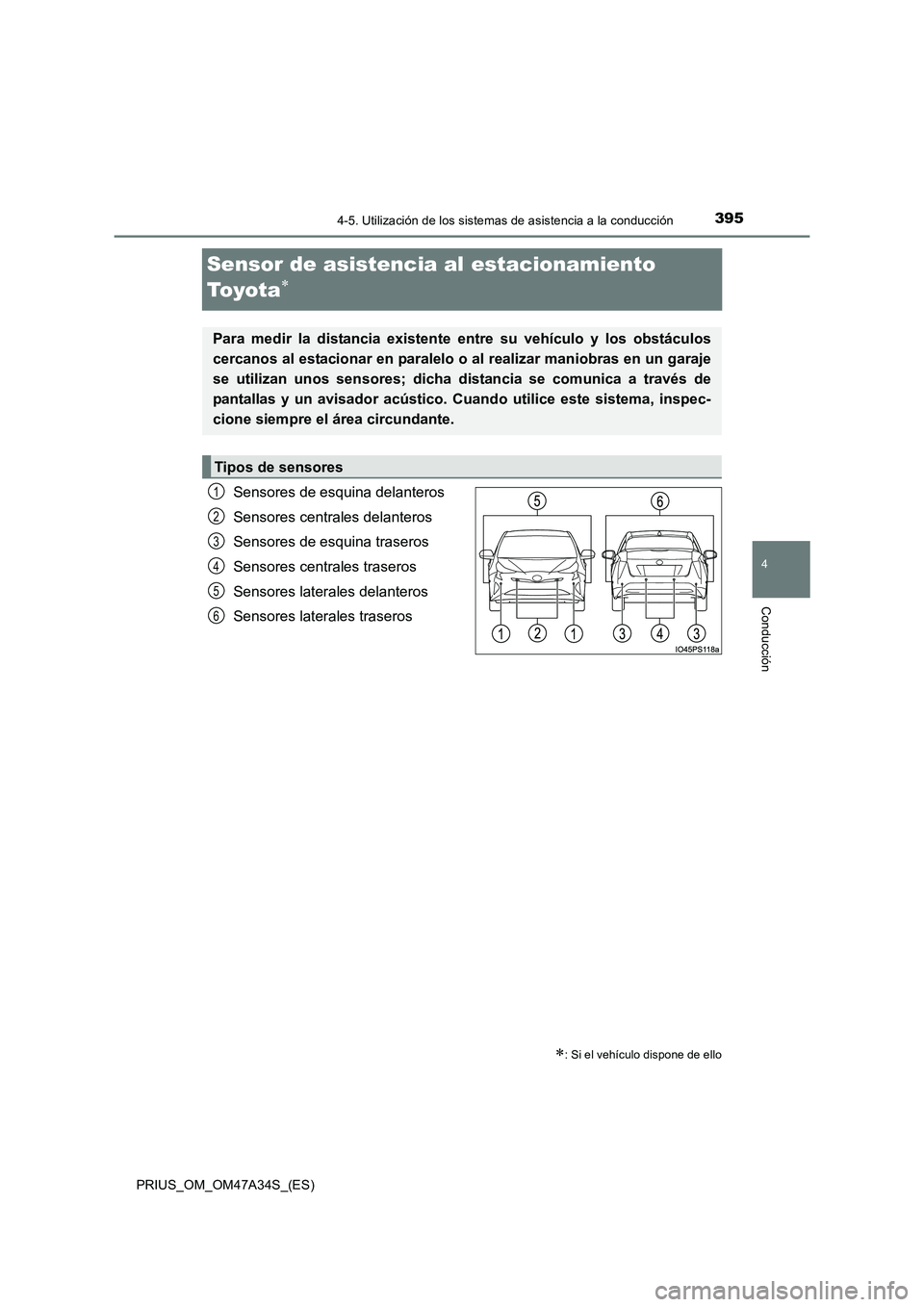 TOYOTA PRIUS 2015  Manual del propietario (in Spanish) 395
4
4-5. Utilización de los sistemas de asistencia a la conducción
Conducción
PRIUS_OM_OM47A34S_(ES)
Sensor de asistencia al estacionamiento 
To y o t a
∗
Sensores de esquina delanteros
Sensore