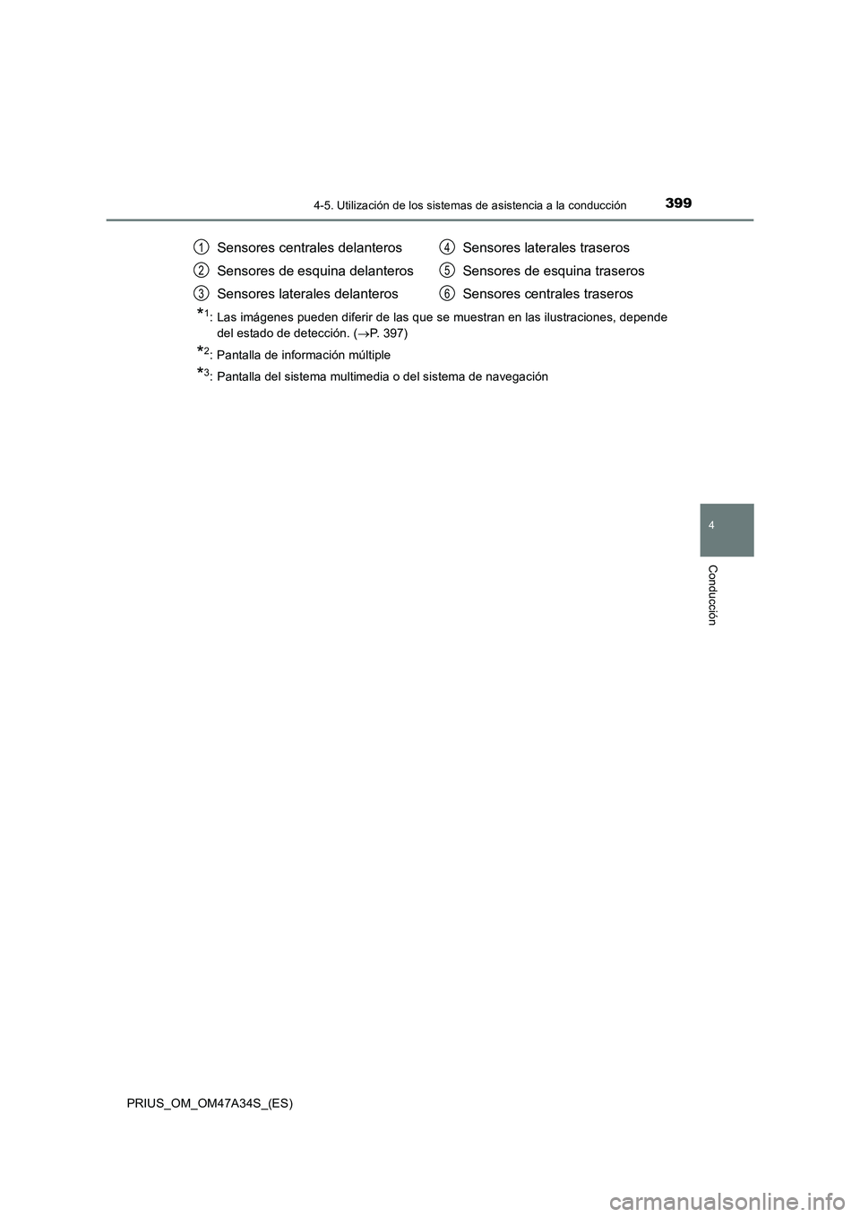 TOYOTA PRIUS 2015  Manual del propietario (in Spanish) 3994-5. Utilización de los sistemas de asistencia a la conducción
4
Conducción
PRIUS_OM_OM47A34S_(ES)
*1: Las imágenes pueden diferir de las que se muestran en las ilustraciones, depende
del estad