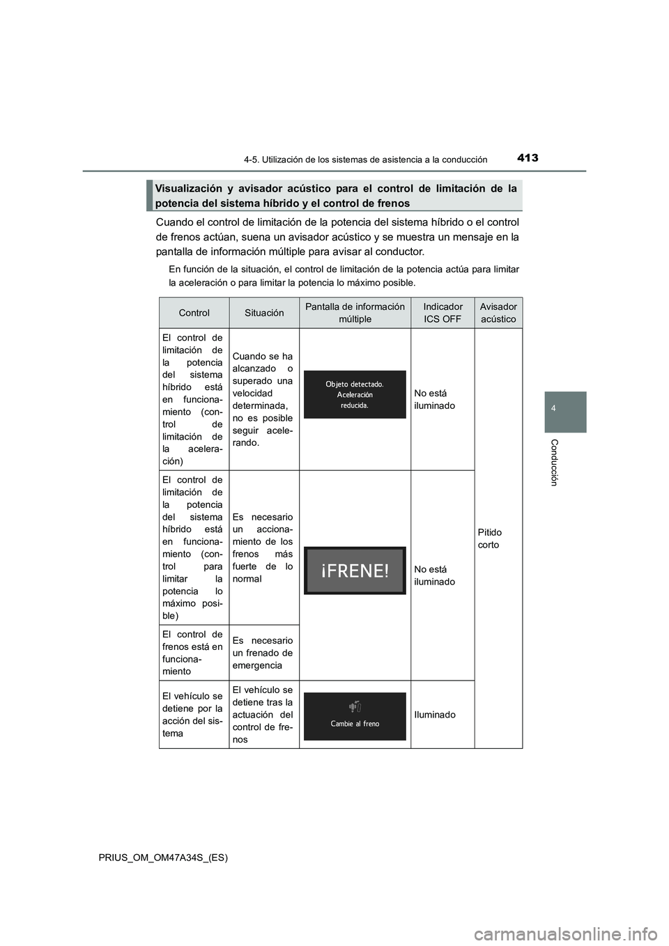 TOYOTA PRIUS 2015  Manual del propietario (in Spanish) 4134-5. Utilización de los sistemas de asistencia a la conducción
4
Conducción
PRIUS_OM_OM47A34S_(ES)
Cuando el control de limitación de la potencia del sistema híbrido o el control
de frenos act