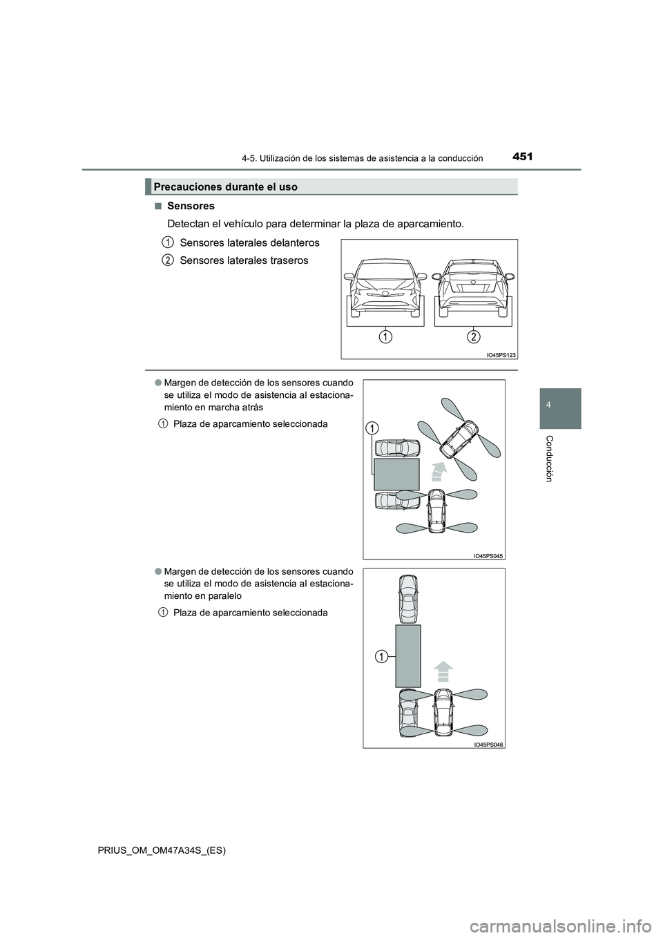 TOYOTA PRIUS 2015  Manual del propietario (in Spanish) 4514-5. Utilización de los sistemas de asistencia a la conducción
4
Conducción
PRIUS_OM_OM47A34S_(ES)■
Sensores
Detectan el vehículo para determinar la plaza de aparcamiento. 
Sensores laterales