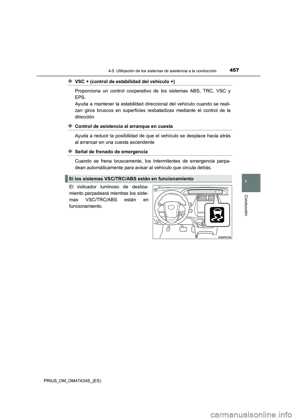 TOYOTA PRIUS 2015  Manual del propietario (in Spanish) 4574-5. Utilización de los sistemas de asistencia a la conducción
4
Conducción
PRIUS_OM_OM47A34S_(ES)
◆VSC + (control de estabilidad del vehículo +)
Proporciona un control cooperativo de los sis
