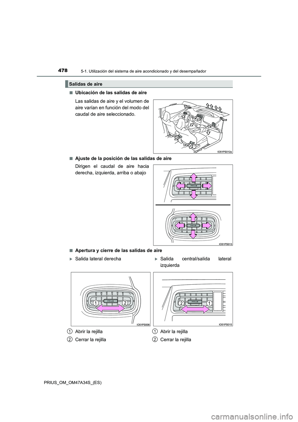 TOYOTA PRIUS 2016  Manual del propietario (in Spanish) 4785-1. Utilización del sistema de aire acondicionado y del desempañador
PRIUS_OM_OM47A34S_(ES)■
Ubicación de las salidas de aire
Las salidas de aire y el volumen de
aire varían en función del 