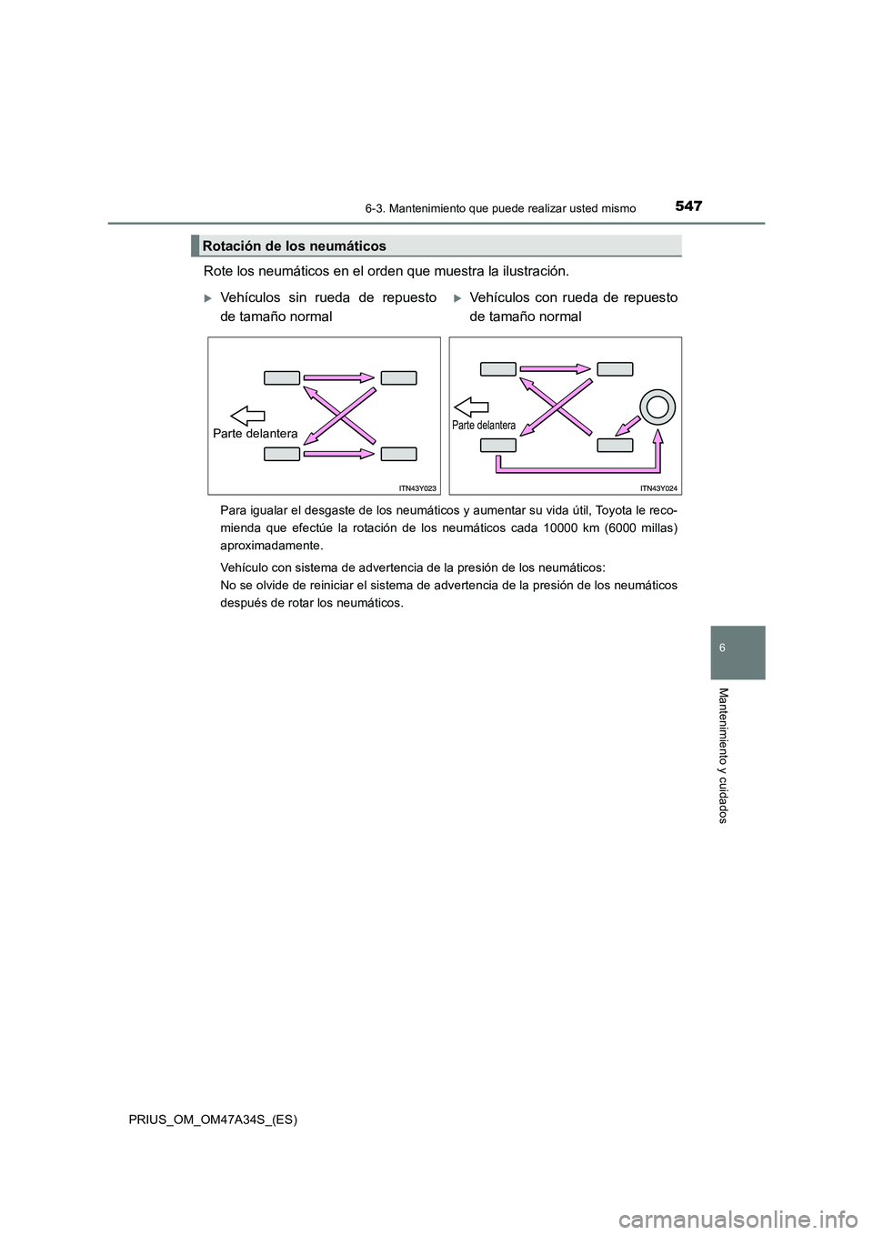 TOYOTA PRIUS 2015  Manual del propietario (in Spanish) 5476-3. Mantenimiento que puede realizar usted mismo
PRIUS_OM_OM47A34S_(ES)
6
Mantenimiento y cuidados
Rote los neumáticos en el orden que muestra la ilustración.
Para igualar el desgaste de los neu