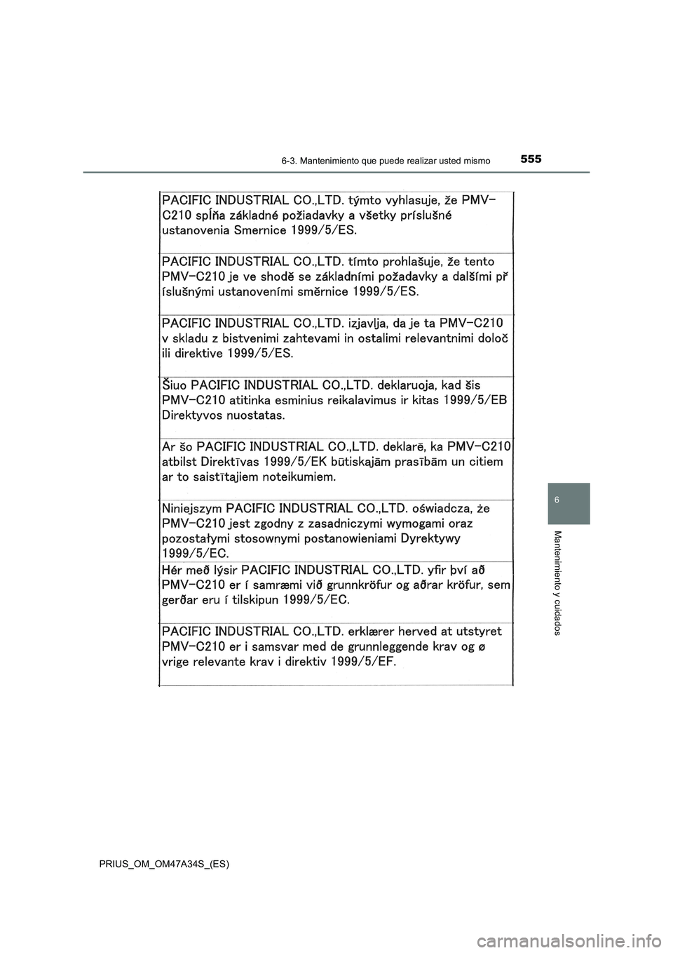 TOYOTA PRIUS 2015  Manual del propietario (in Spanish) 5556-3. Mantenimiento que puede realizar usted mismo
PRIUS_OM_OM47A34S_(ES)
6
Mantenimiento y cuidados 