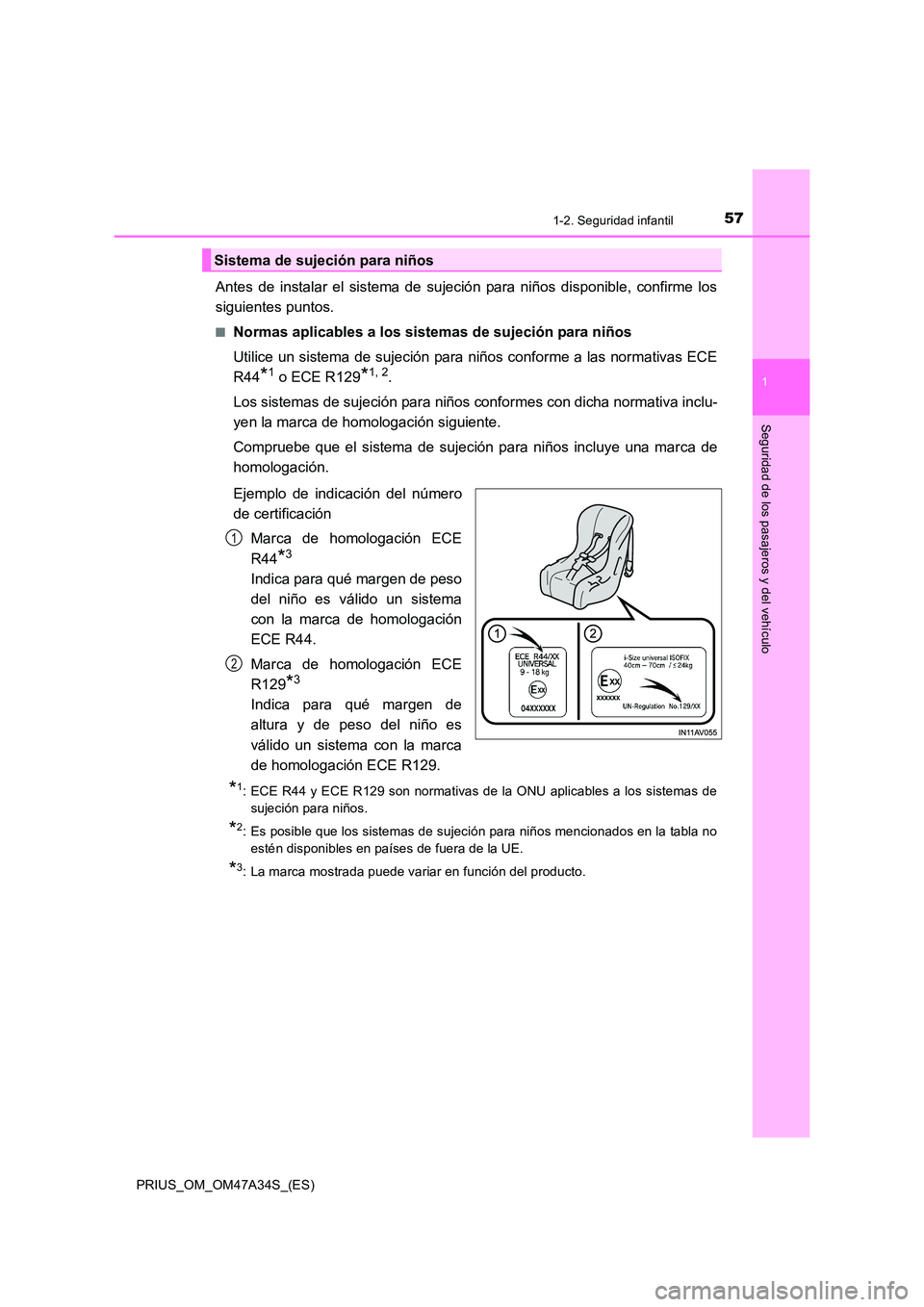TOYOTA PRIUS 2015  Manual del propietario (in Spanish) 571-2. Seguridad infantil
1
PRIUS_OM_OM47A34S_(ES)
Seguridad de los pasajeros y del vehículo
Antes de instalar el sistema de sujeción para niños disponible, confirme los
siguientes puntos.
■Norma