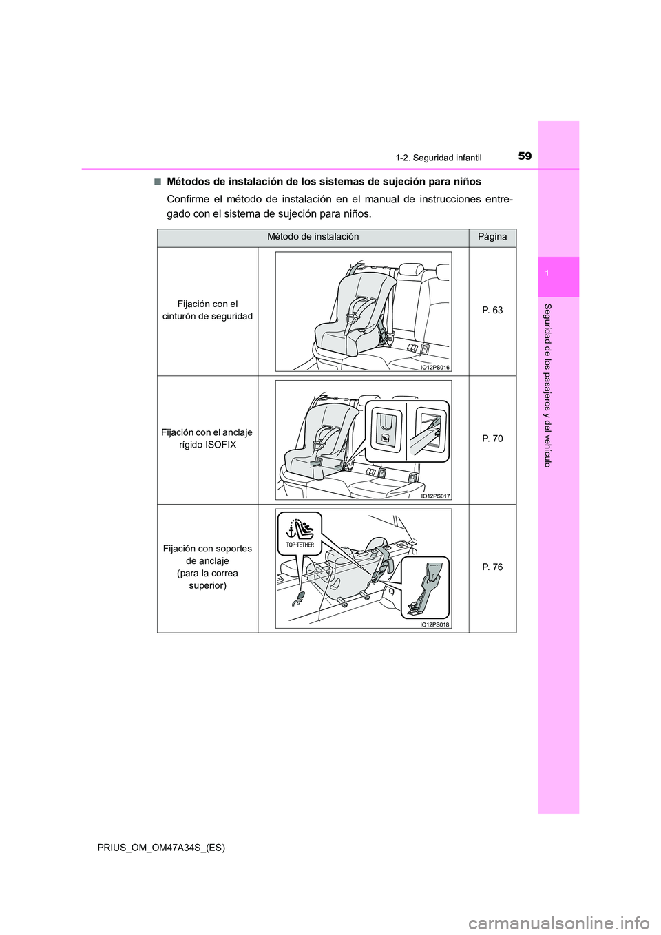 TOYOTA PRIUS 2015  Manual del propietario (in Spanish) 591-2. Seguridad infantil
1
PRIUS_OM_OM47A34S_(ES)
Seguridad de los pasajeros y del vehículo
■Métodos de instalación de los sistemas de sujeción para niños
Confirme el método de instalación e