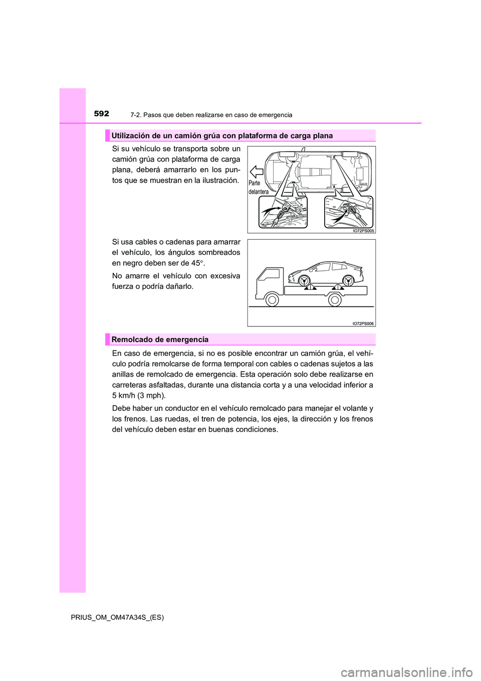 TOYOTA PRIUS 2015  Manual del propietario (in Spanish) 5927-2. Pasos que deben realizarse en caso de emergencia
PRIUS_OM_OM47A34S_(ES)
Si su vehículo se transporta sobre un
camión grúa con plataforma de carga
plana, deberá amarrarlo en los pun-
tos qu