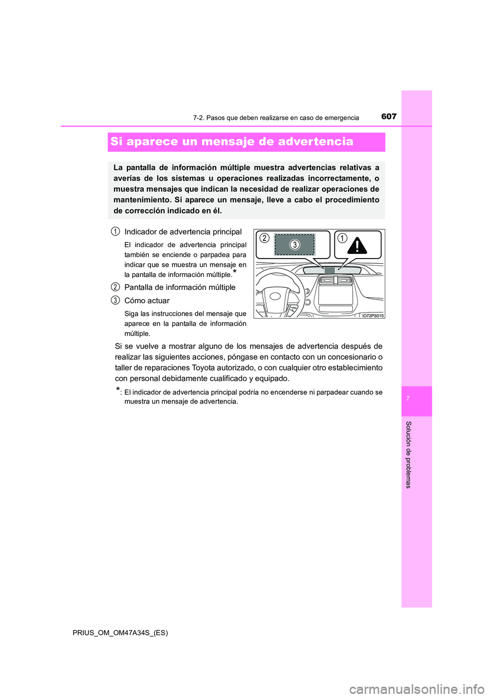 TOYOTA PRIUS 2015  Manual del propietario (in Spanish) 6077-2. Pasos que deben realizarse en caso de emergencia
PRIUS_OM_OM47A34S_(ES)
7
Solución de problemas
Si aparece un mensaje de advertencia
Indicador de advertencia principal
El indicador de adverte