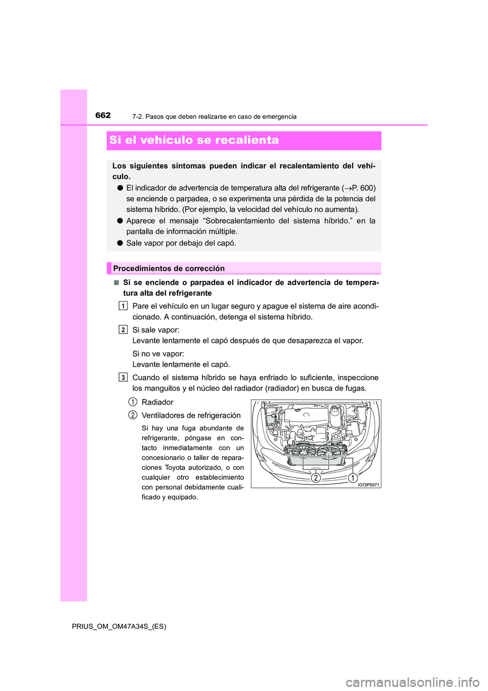 TOYOTA PRIUS 2015  Manual del propietario (in Spanish) 6627-2. Pasos que deben realizarse en caso de emergencia
PRIUS_OM_OM47A34S_(ES)
Si el vehículo se recalienta
■Si se enciende o parpadea el indicador de advertencia de tempera-
tura alta del refrige