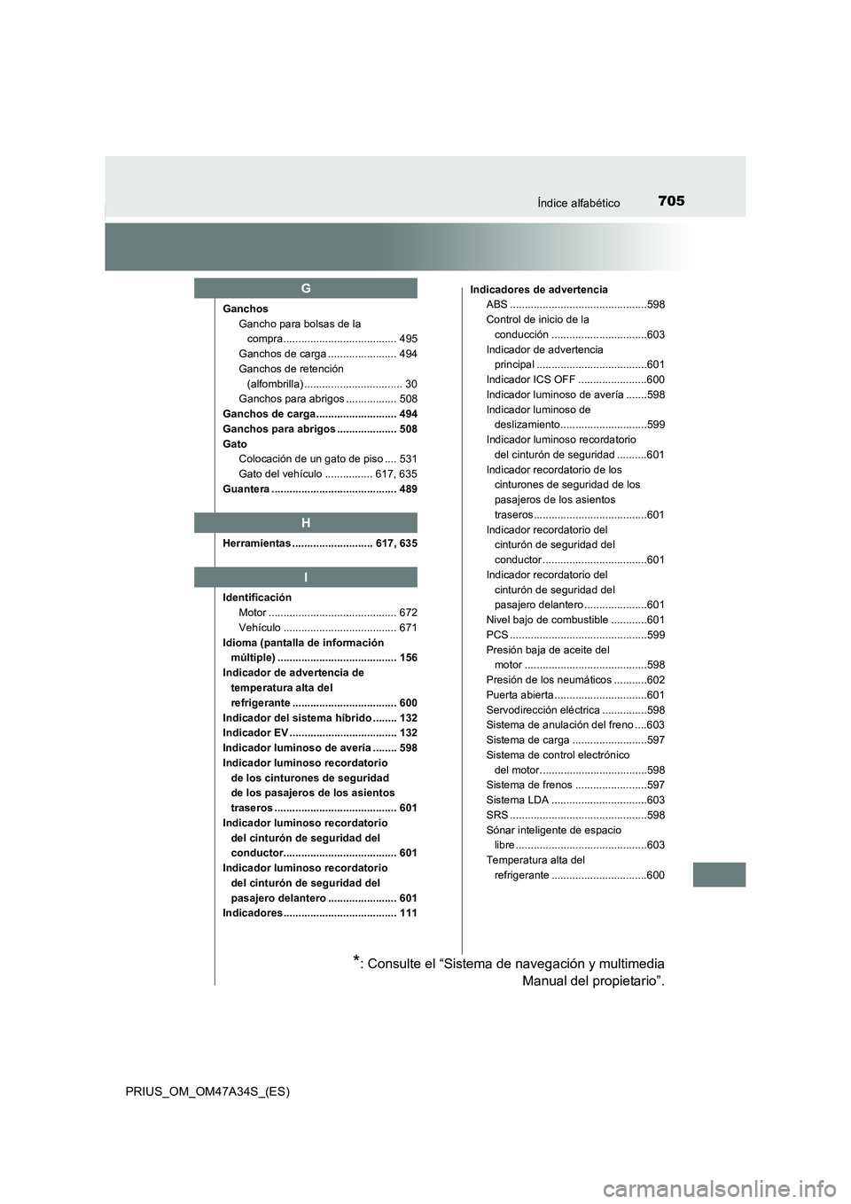 TOYOTA PRIUS 2015  Manual del propietario (in Spanish) 705Índice alfabético
PRIUS_OM_OM47A34S_(ES)
GanchosGancho para bolsas de la compra...................................... 495
Ganchos de carga ....................... 494
Ganchos de retención  (alfo