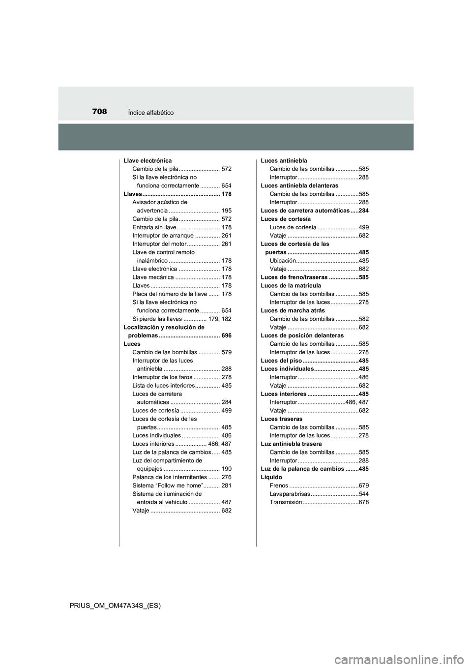 TOYOTA PRIUS 2015  Manual del propietario (in Spanish) 708Índice alfabético
PRIUS_OM_OM47A34S_(ES)
Llave electrónicaCambio de la pila......................... 572
Si la llave electrónica no funciona correctamente ............ 654
Llaves ..............