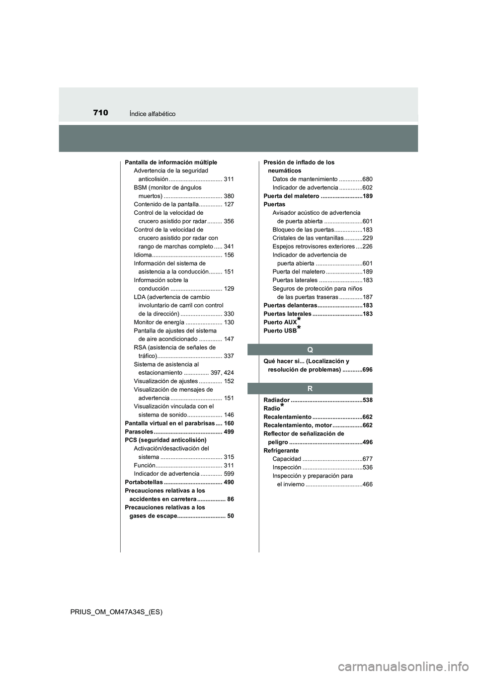 TOYOTA PRIUS 2015  Manual del propietario (in Spanish) 710Índice alfabético
PRIUS_OM_OM47A34S_(ES)
Pantalla de información múltipleAdvertencia de la seguridad 
anticolisión ................................ 311
BSM (monitor de ángulos 
muertos) .....