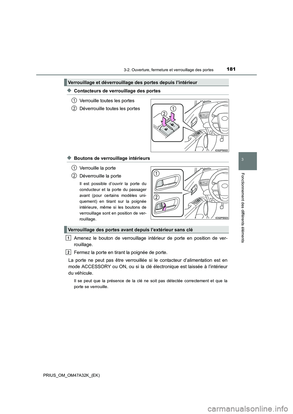 TOYOTA PRIUS 2016 Manuel du propriétaire (in French) 1813-2. Ouverture, fermeture et verrouillage des portes
3
Fonctionnement des différents éléments
PRIUS_OM_OM47A32K_(EK)
◆Contacteurs de verrouillage des portesVerrouille toutes les portes
Déverr TOYOTA PRIUS 2016 Manuel du propriétaire (in French) 1813-2. Ouverture, fermeture et verrouillage des portes
3
Fonctionnement des différents éléments
PRIUS_OM_OM47A32K_(EK)
◆Contacteurs de verrouillage des portesVerrouille toutes les portes
Déverr