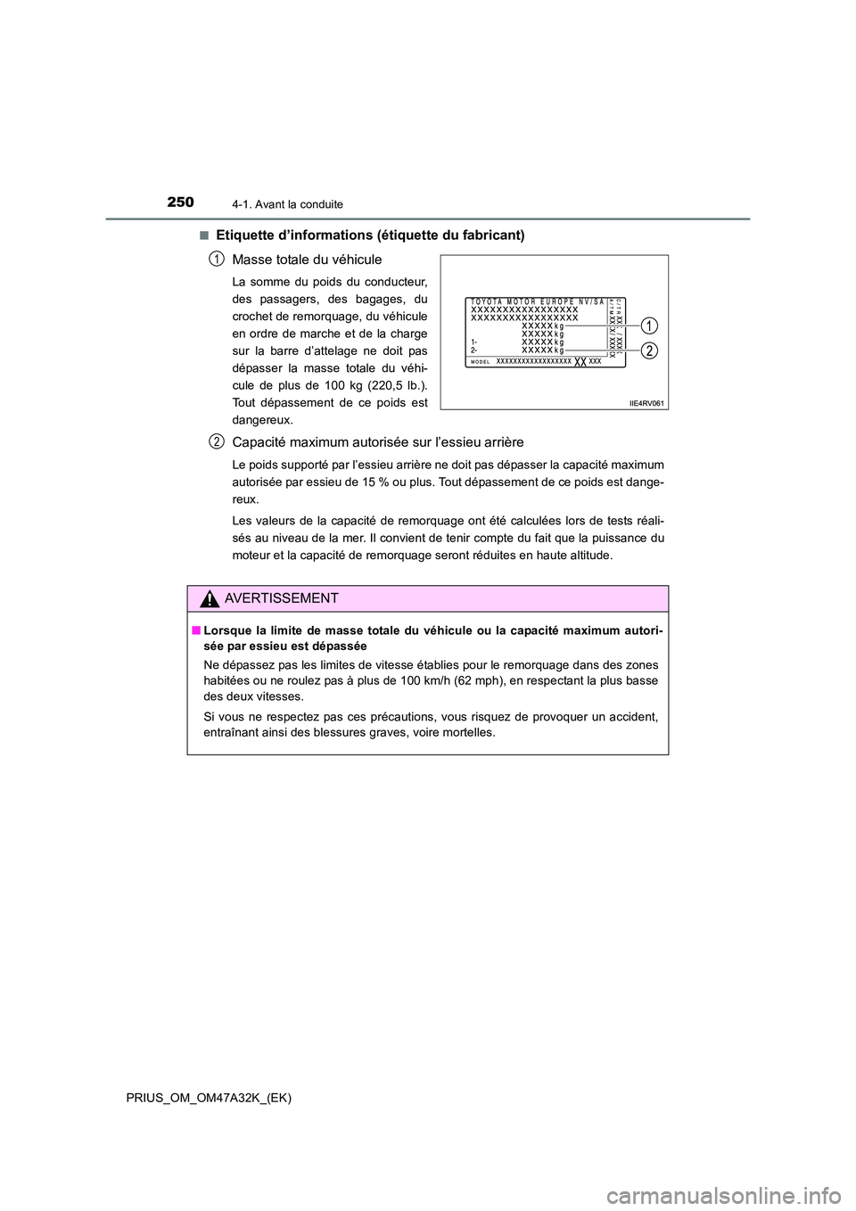 TOYOTA PRIUS 2016 Manuel du propriétaire (in French) 2504-1. Avant la conduite
PRIUS_OM_OM47A32K_(EK)■
Etiquette d’informations (étiquette du fabricant)
Masse totale du véhicule
La somme du poids du conducteur,
des passagers, des bagages, du
croch TOYOTA PRIUS 2016 Manuel du propriétaire (in French) 2504-1. Avant la conduite
PRIUS_OM_OM47A32K_(EK)■
Etiquette d’informations (étiquette du fabricant)
Masse totale du véhicule
La somme du poids du conducteur,
des passagers, des bagages, du
croch