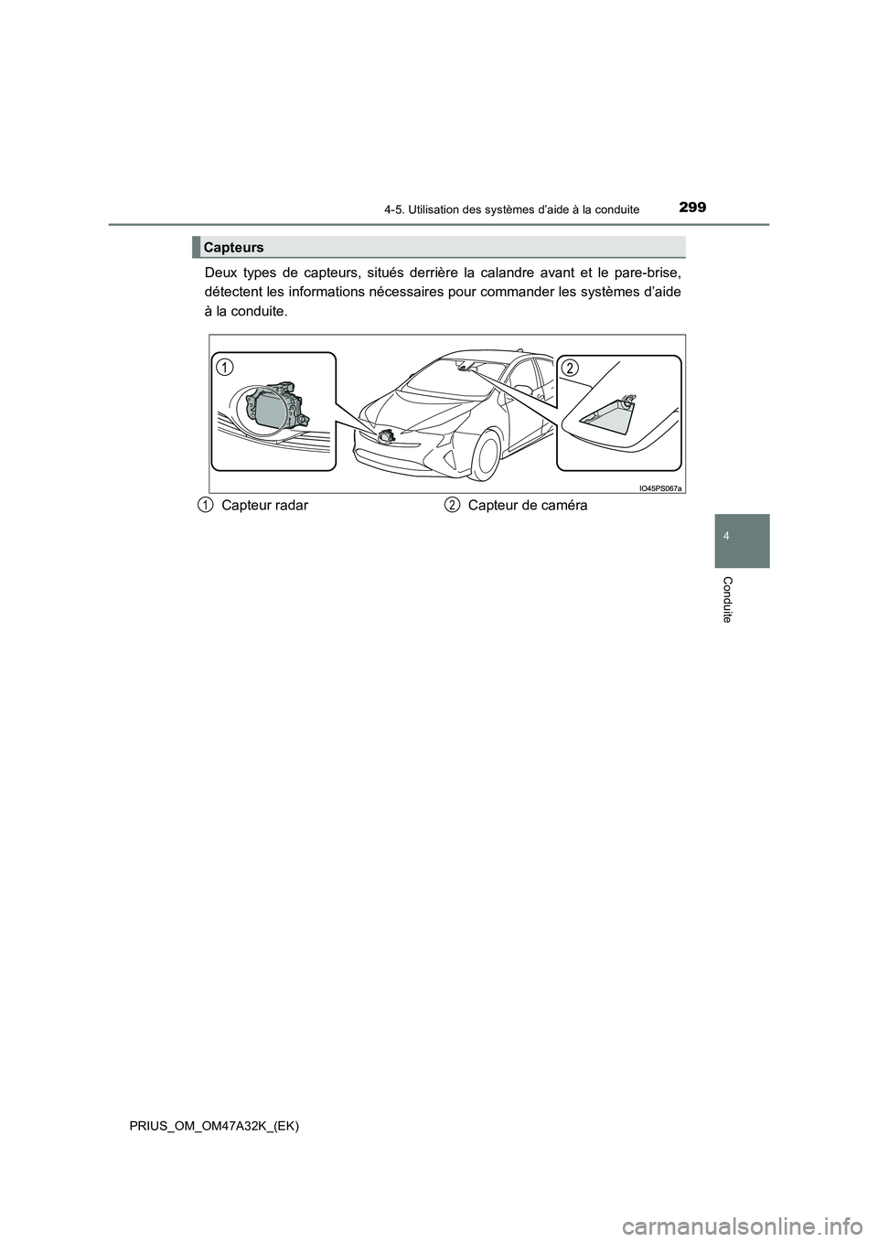 TOYOTA PRIUS 2016  Manuel du propriétaire (in French) 2994-5. Utilisation des systèmes d’aide à la conduite
4
Conduite
PRIUS_OM_OM47A32K_(EK)
Deux types de capteurs, situés derrière la calandre avant et le pare-brise,
détectent les informations n