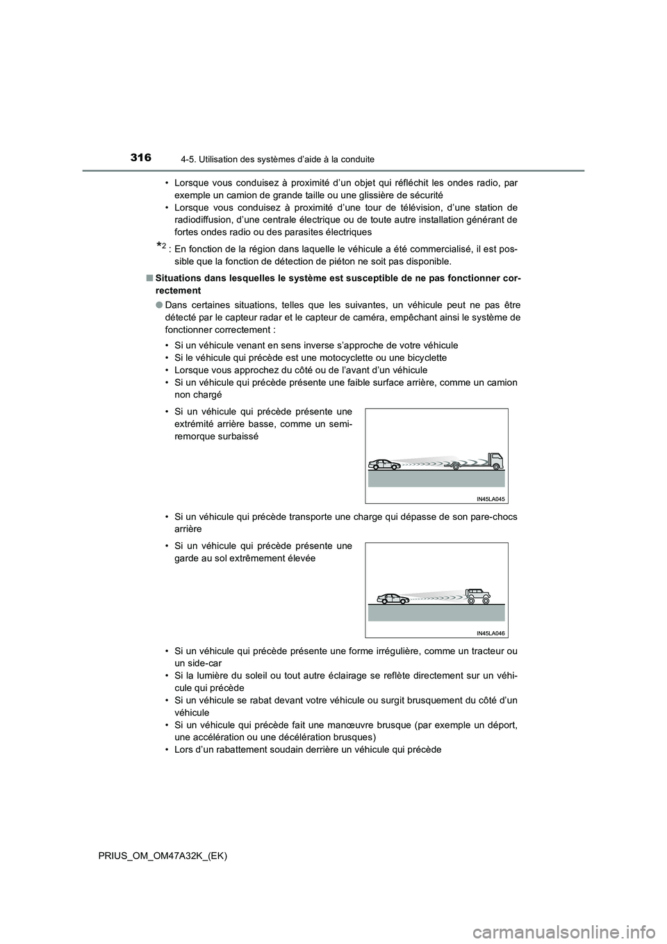 TOYOTA PRIUS 2016  Manuel du propriétaire (in French) 3164-5. Utilisation des systèmes d’aide à la conduite
PRIUS_OM_OM47A32K_(EK)• Lorsque vous conduisez à proximité d’un objet qui réfléchit les ondes radio, par
exemple un camion de grande t