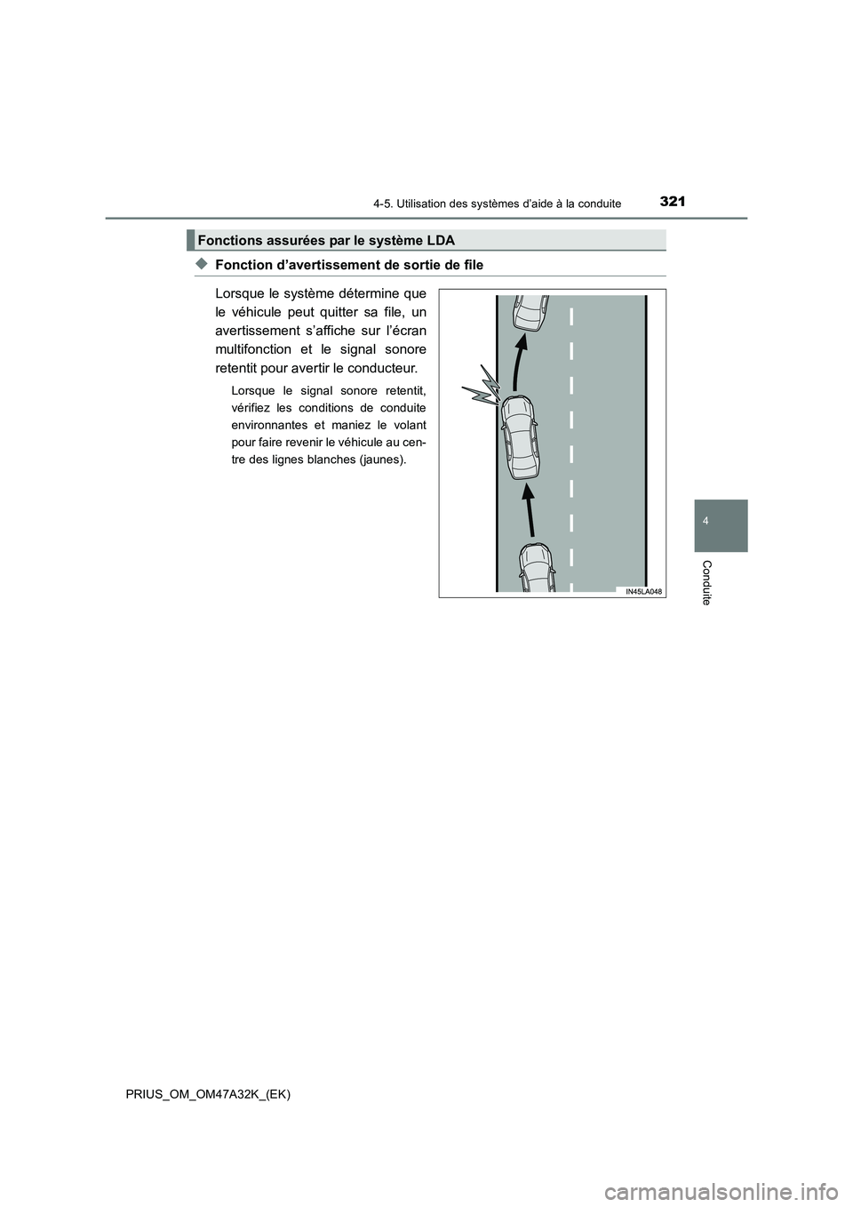 TOYOTA PRIUS 2016  Manuel du propriétaire (in French) 3214-5. Utilisation des systèmes d’aide à la conduite
4
Conduite
PRIUS_OM_OM47A32K_(EK)
◆Fonction d’avertissement de sortie de file
Lorsque le système détermine que
le véhicule peut quitter
