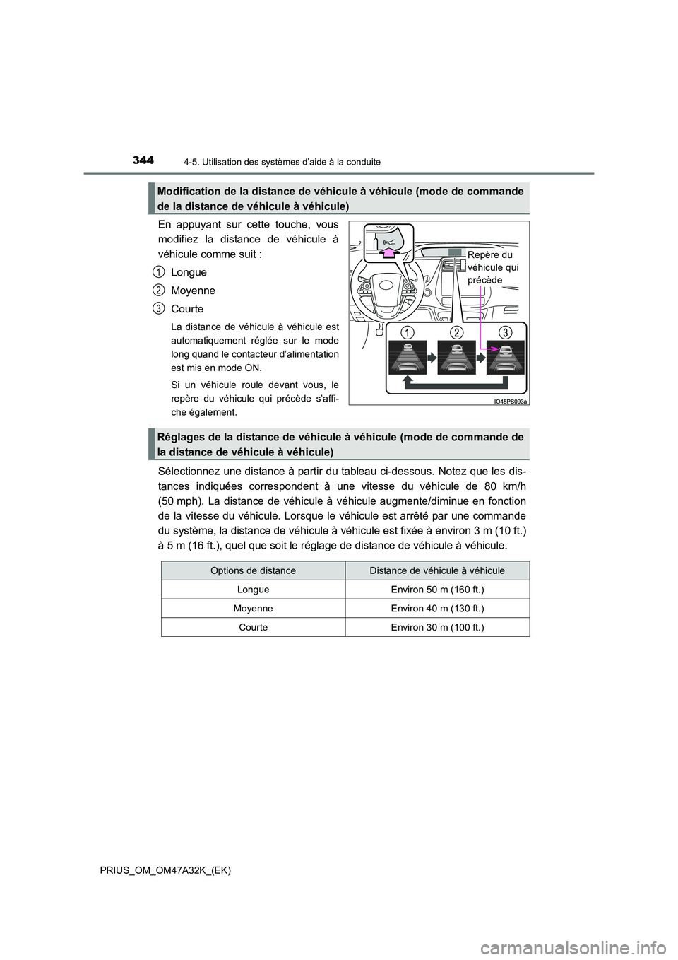 TOYOTA PRIUS 2016 Manuel du propriétaire (in French) 3444-5. Utilisation des systèmes d’aide à la conduite
PRIUS_OM_OM47A32K_(EK)
En appuyant sur cette touche, vous
modifiez la distance de véhicule à
véhicule comme suit :Longue
Moyenne
Courte
La TOYOTA PRIUS 2016 Manuel du propriétaire (in French) 3444-5. Utilisation des systèmes d’aide à la conduite
PRIUS_OM_OM47A32K_(EK)
En appuyant sur cette touche, vous
modifiez la distance de véhicule à
véhicule comme suit :Longue
Moyenne
Courte
La
