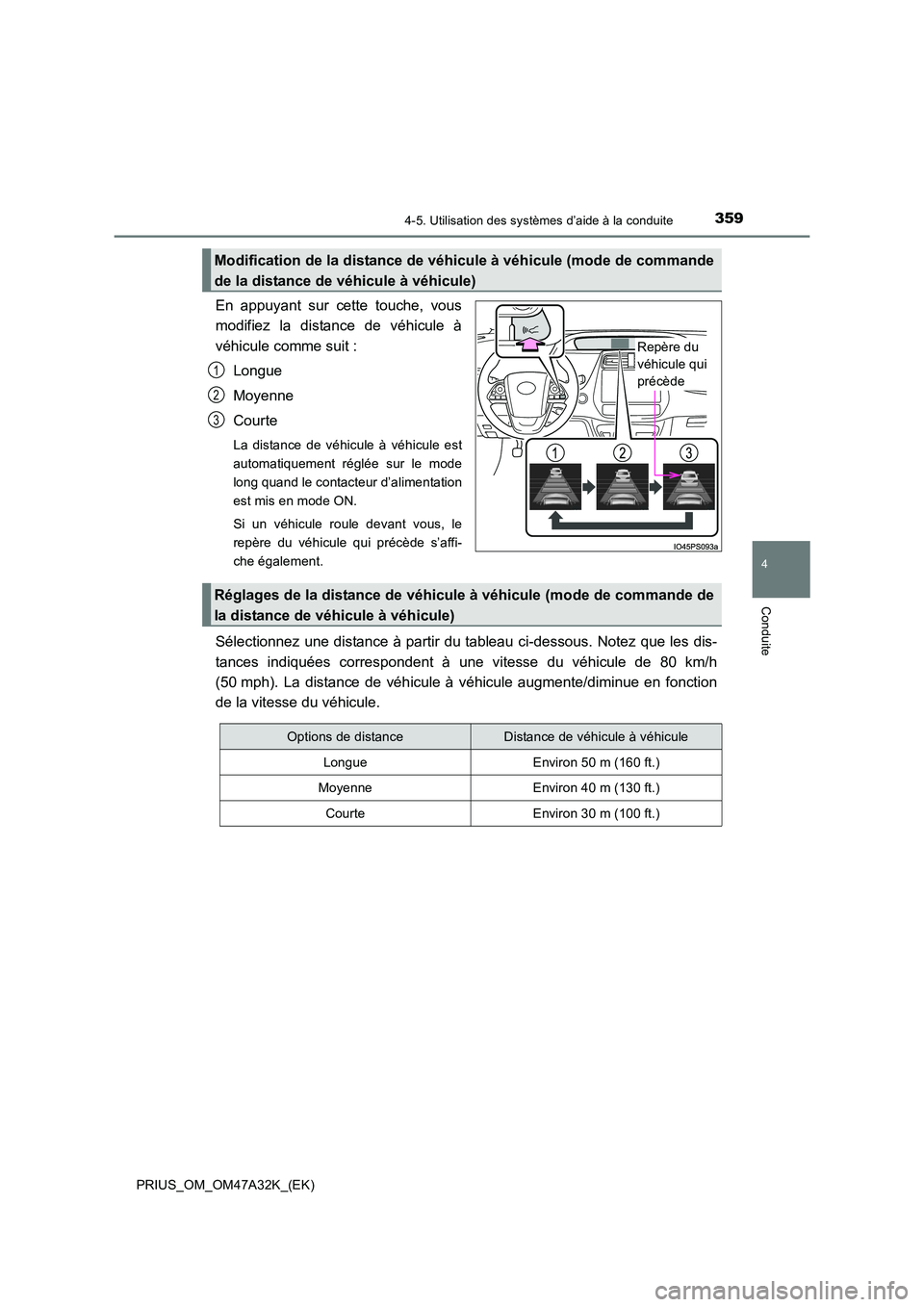 TOYOTA PRIUS 2016  Manuel du propriétaire (in French) 3594-5. Utilisation des systèmes d’aide à la conduite
4
Conduite
PRIUS_OM_OM47A32K_(EK)
En appuyant sur cette touche, vous
modifiez la distance de véhicule à
véhicule comme suit :Longue
Moyenne