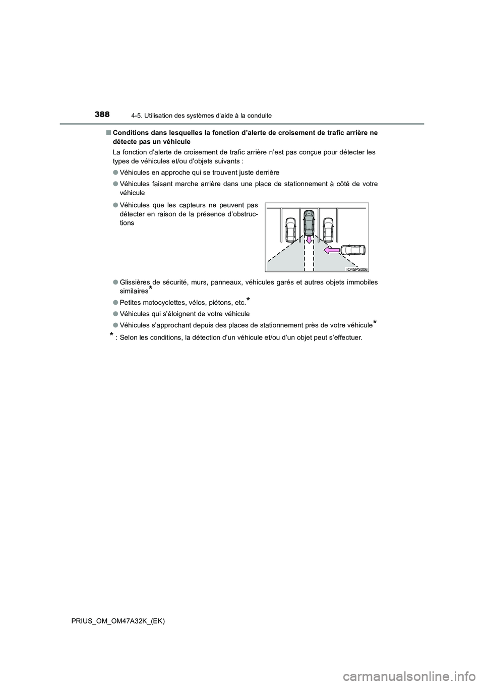 TOYOTA PRIUS 2016  Manuel du propriétaire (in French) 3884-5. Utilisation des systèmes d’aide à la conduite
PRIUS_OM_OM47A32K_(EK)■
Conditions dans lesquelles la fonction d’alerte de croisement de trafic arrière ne
détecte pas un véhicule
La f