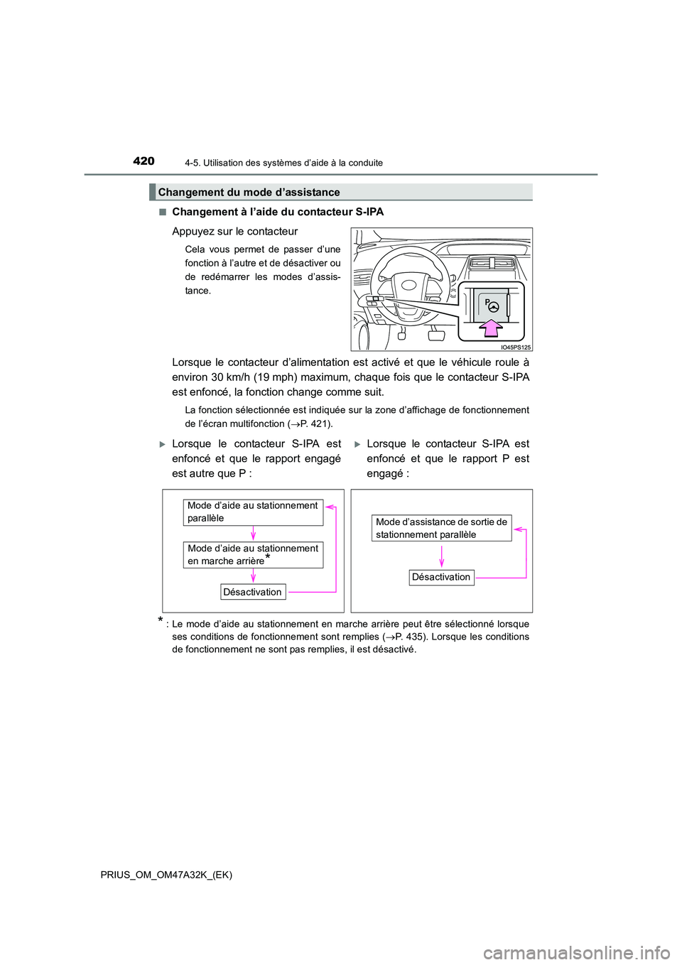 TOYOTA PRIUS 2016  Manuel du propriétaire (in French) 4204-5. Utilisation des systèmes d’aide à la conduite
PRIUS_OM_OM47A32K_(EK)■
Changement à l’aide du contacteur S-IPA
Appuyez sur le contacteur
Cela vous permet de passer d’une
fonction à 
