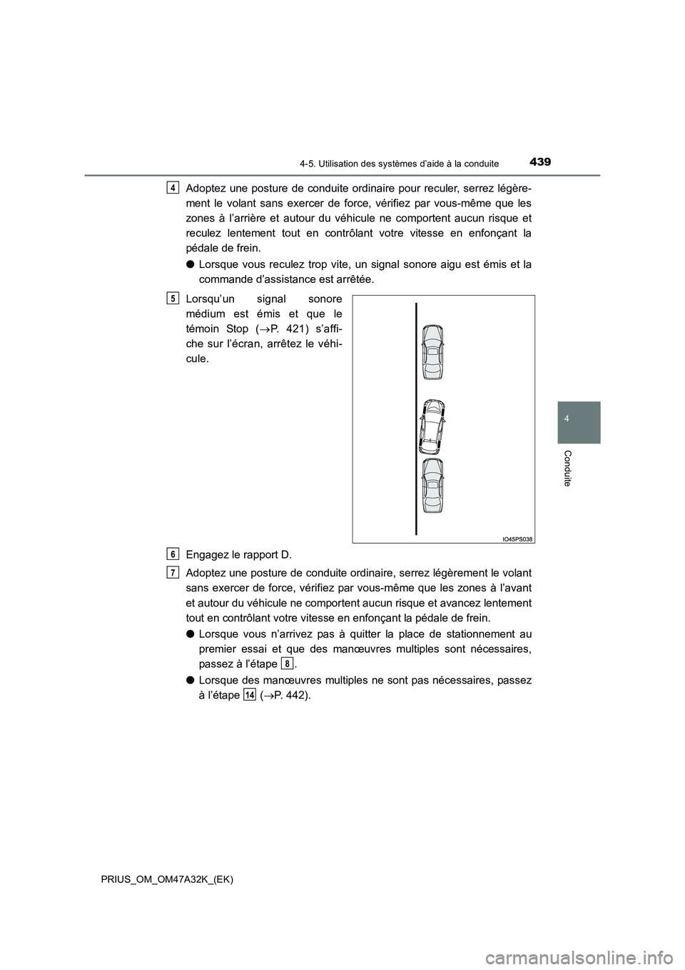 TOYOTA PRIUS 2016 Manuel du propriétaire (in French) 4394-5. Utilisation des systèmes d’aide à la conduite
4
Conduite
PRIUS_OM_OM47A32K_(EK)
Adoptez une posture de conduite ordinaire pour reculer, serrez légère-
ment le volant sans exercer de forc TOYOTA PRIUS 2016 Manuel du propriétaire (in French) 4394-5. Utilisation des systèmes d’aide à la conduite
4
Conduite
PRIUS_OM_OM47A32K_(EK)
Adoptez une posture de conduite ordinaire pour reculer, serrez légère-
ment le volant sans exercer de forc