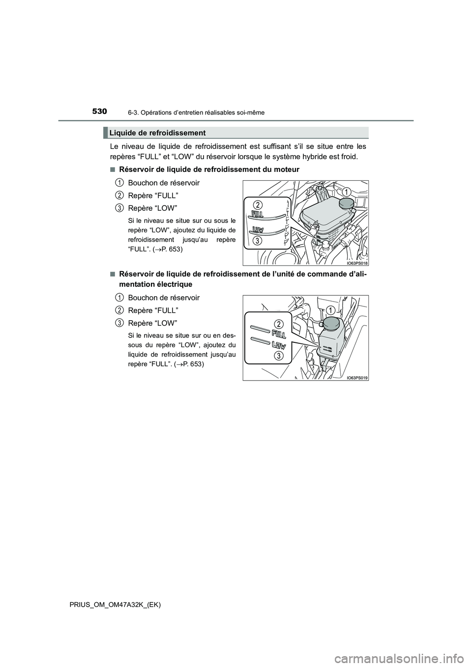TOYOTA PRIUS 2016  Manuel du propriétaire (in French) 5306-3. Opérations d’entretien réalisables soi-même
PRIUS_OM_OM47A32K_(EK)
Le niveau de liquide de refroidissement est suffisant s’il se situe entre les
repères “FULL” et “LOW” du rés