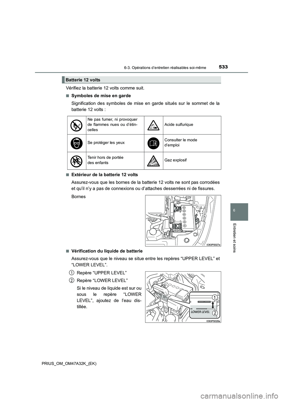 TOYOTA PRIUS 2016  Manuel du propriétaire (in French) 5336-3. Opérations d’entretien réalisables soi-même
PRIUS_OM_OM47A32K_(EK)
6
Entretien et soins
Vérifiez la batterie 12 volts comme suit.
■Symboles de mise en garde
Signification des symboles 