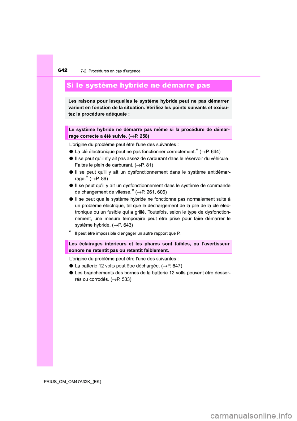 TOYOTA PRIUS 2016 Manuel du propriétaire (in French) 6427-2. Procédures en cas d’urgence
PRIUS_OM_OM47A32K_(EK)
Si le système hybride ne démarre pas
L’origine du problème peut être l’une des suivantes :
●La clé électronique peut ne pas fo TOYOTA PRIUS 2016 Manuel du propriétaire (in French) 6427-2. Procédures en cas d’urgence
PRIUS_OM_OM47A32K_(EK)
Si le système hybride ne démarre pas
L’origine du problème peut être l’une des suivantes :
●La clé électronique peut ne pas fo