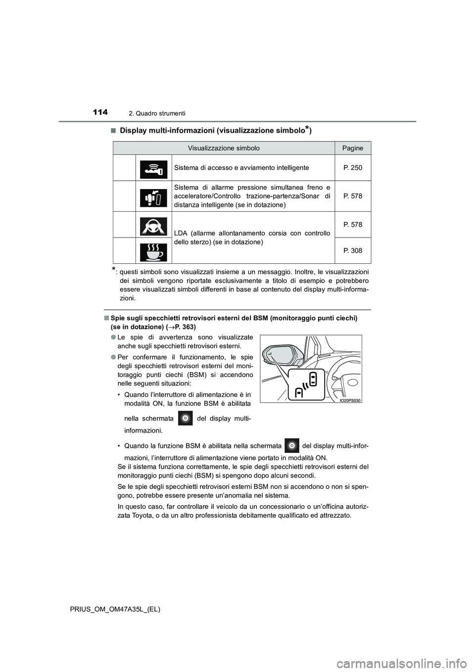 TOYOTA PRIUS 2016 Manuale duso (in Italian) 1142. Quadro strumenti
PRIUS_OM_OM47A35L_(EL)■
Display multi-informazioni (visualizzazione simbolo*)
*: questi simboli sono visualizzati insieme a un messaggio. Inoltre, le visualizzazioni
dei simbo TOYOTA PRIUS 2016 Manuale duso (in Italian) 1142. Quadro strumenti
PRIUS_OM_OM47A35L_(EL)■
Display multi-informazioni (visualizzazione simbolo*)
*: questi simboli sono visualizzati insieme a un messaggio. Inoltre, le visualizzazioni
dei simbo